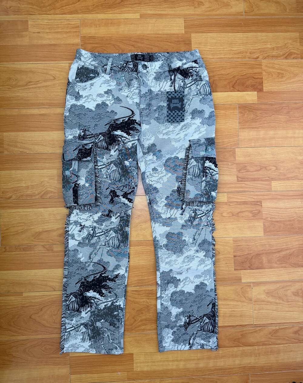 Rebel Vengeance Grim Reaper Skeleton Horse Tapestry Cargo Pants Mens 34 Fringe